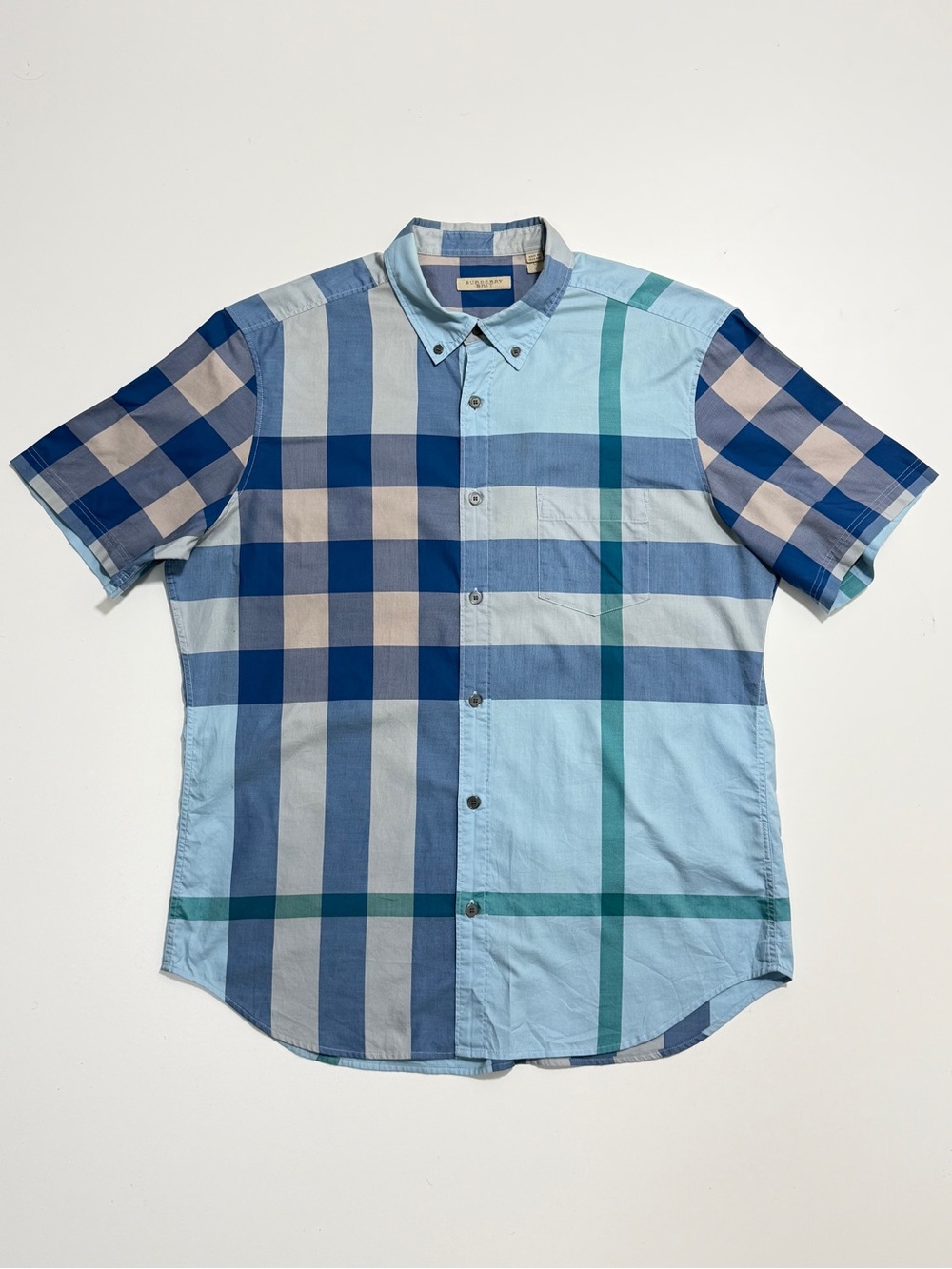 Burberry Brit Nova Plaid Short Sleeve Buttonup Shirt Mens Large Blue Casual